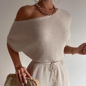 Runaway The Label Off Shoulder Knit Romper Cream Blend Size M